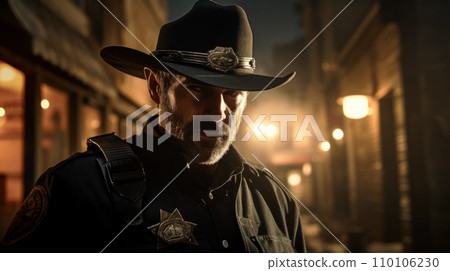 Portrait of sheriff in country town at night, man wearing uniform on background of wood house. Dark scene with police officer like in thriller movie. Concept of west, law, crime 110106230