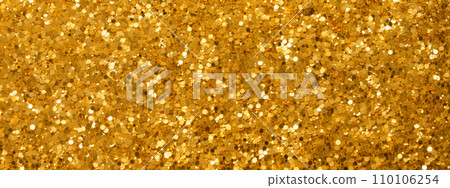 Golden treasure texture background, wide banner with many gold particles. Abstract pattern of shiny circles like coins, luxury effect. Theme of celebration, confetti, festive design 110106254