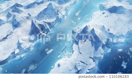 Aerial view of frozen rocks and water in Antarctica, scenery of ice and glacier in ocean. Antarctic landscape with snow and land. Concept of sea, nature, winter and travel Aerial view of frozen rocks and water in Antarctica, scenery of ice and glacier in ocean. Antarctic landscape with snow and land. Concept of sea, nature, winter and travel 110106283