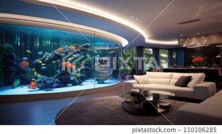 Modern interior with large aquarium, luxury living room of rich house. Inside contemporary villa or mansion. Concept of eco home design 110106285