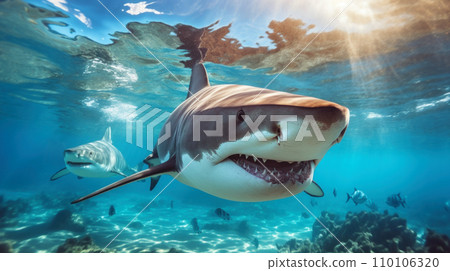 Cute sharks swim underwater near beach, wild sea predators and small fish in blue water. Theme of ocean life, wildlife, travel, marine nature 110106320