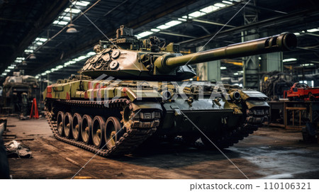 Armored vehicle in military plant, modern tank stored in warehouse of factory. Interior of industrial hangar. Concept of technology, industry, war, manufacture and machinery Armored vehicle in military plant, modern tank stored in warehouse of factory. Interior of industrial hangar. Concept of technology, industry, war, manufacture and machinery 110106321