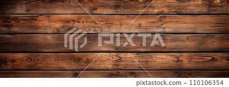 Brown wood planks texture background, panoramic wide banner. Old wooden long horizontal boards. Theme of rustic design, nature, wallpaper, woodgrain, material 110106354