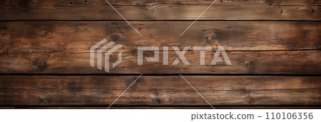Old dark wood planks texture background, vintage brown wooden long boards of barn wall. Panoramic wide banner. Theme of rustic design, nature, wallpaper, woodgrain, material 110106356