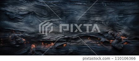 Burnt wood texture background, wide banner of charred black timber. Abstract pattern of dark scorched tree. Concept of charcoal, smoke, coal, grill, embers, fire, firewood, burn Burnt wood texture background, wide banner of charred black timber. Abstract pattern of dark scorched tree. Concept of charcoal, smoke, coal, grill, embers, fire, firewood, burn 110106366
