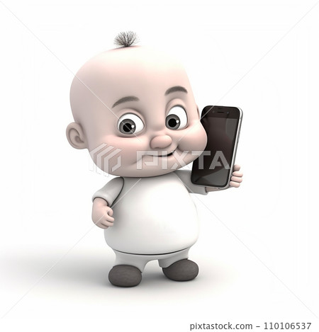 Small newborn baby with smartphone in hand, funny cute cartoon 3d illustration on white background, creative avatar 110106537