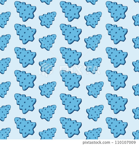 Blue Xmas Sweets Seamless Pattern for Christmas Holiday Scrapbooking or Gift Wrapping Papers. Xmas Texture with Pine Tree Cookies or Biscuits 110107009
