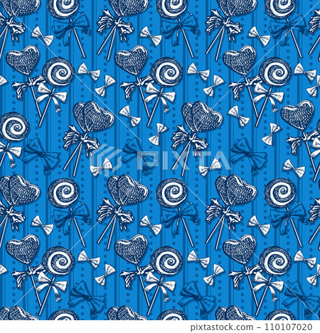 Blue Peppermint Candy Cane Stick with Bow, Heart Shape, Pine Tree Cookies Biscuits Vector Seamless Pattern Blue Peppermint Candy Cane Stick with Bow, Heart Shape, Pine Tree Cookies Biscuits Vector Seamless Pattern 110107020