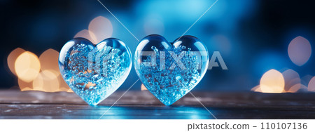 Two vibrant blue hearts from glass with bubbles on blue and orange bokeh background, creating warm, romantic atmosphere of Valentine's Day. Banner with copy space 110107136