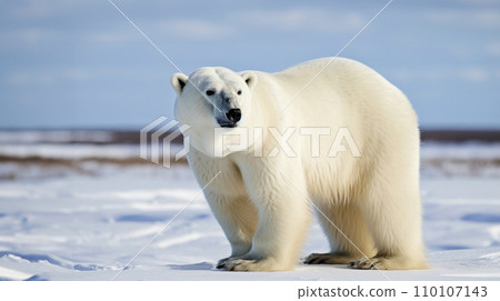 Solitary polar bear on pristine ice floe, expansive Arctic seascape, as guardian of ecosystem and symbol of resilience against challenges posed by changing climate. 110107143