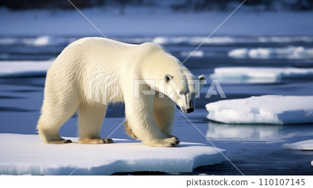 Polar bear in Arctic, as emblematic figure of North, spirit of Arctic wilderness. World Polar Bear Day, reducing carbon footprints to help save polar bears and slow pace of sea ice loss Polar bear in Arctic, as emblematic figure of North, spirit of Arctic wilderness. World Polar Bear Day, reducing carbon footprints to help save polar bears and slow pace of sea ice loss 110107145
