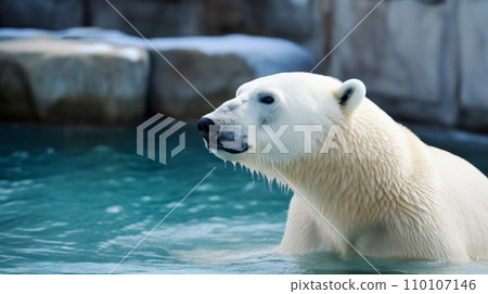Portrait of polar bear sitting in water in zoo, with tranquil expression on face. World Polar Bear Day. campaigns importance of protecting these iconic animals and their natural environment Portrait of polar bear sitting in water in zoo, with tranquil expression on face. World Polar Bear Day. campaigns importance of protecting these iconic animals and their natural environment 110107146