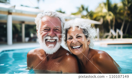Golden Years Glow, The radiant smiles of a mature couple enjoying a swim reflect the golden hue of the sunlight, capturing the essence of their golden years spent in leisure and togetherness Golden Years Glow, The radiant smiles of a mature couple enjoying a swim reflect the golden hue of the sunlight, capturing the essence of their golden years spent in leisure and togetherness 110107149