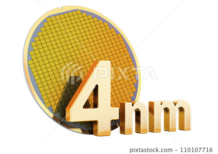 Silicon Wafer with Processor Cores, 4 nm size. 3D rendering Silicon Wafer with Processor Cores, 4 nm size. 3D rendering 110107716