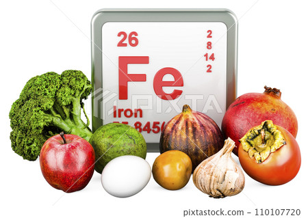 Products containing Iron, Fe. 3D rendering 110107720