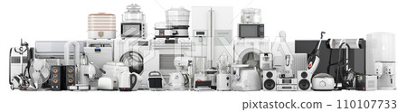 Kitchen and household appliances, white color. 3D rendering Kitchen and household appliances, white color. 3D rendering 110107733