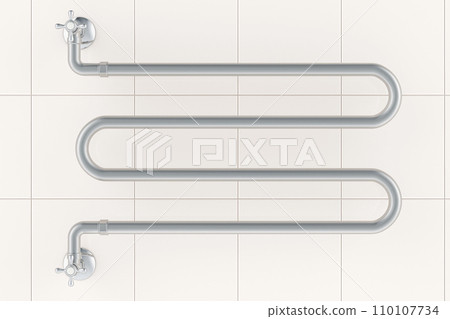 Heated towel rail front view, on the ceramic tile wall. 3D rendering Heated towel rail front view, on the ceramic tile wall. 3D rendering 110107734