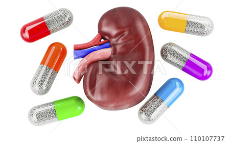 Kidney with medicine capsules around. 3D rendering Kidney with medicine capsules around. 3D rendering 110107737
