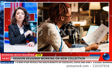 Details about famous fashion designer launching new clothing line, tv broadcaster talking about textile industry innovation in newsroom. Woman presenter announcing clothes collection. 110107838