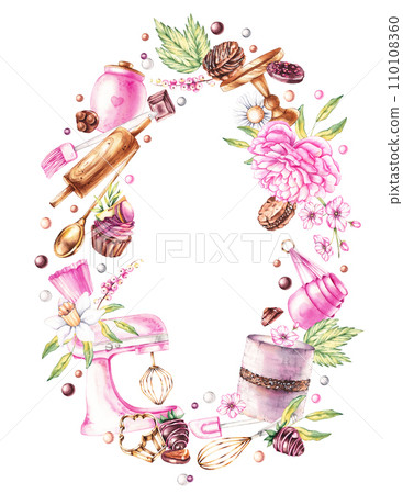 Watercolor wreath with desserts, pastry tools, flowers Watercolor wreath with desserts, pastry tools, flowers 110108360