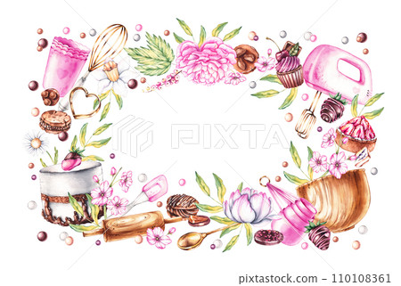 Watercolor wreath with desserts, pastry tools, flowers Watercolor wreath with desserts, pastry tools, flowers 110108361
