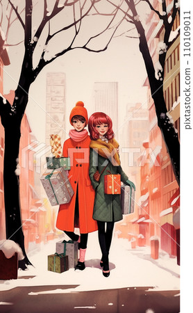 Christmas Shopping Two Women Walking Dawn a Winter Street Christmas Shopping Two Women Walking Dawn a Winter Street 110109011