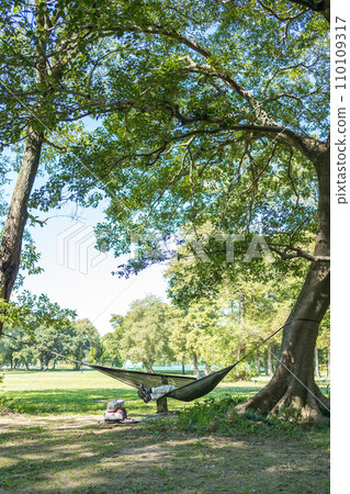 Cheerful senior woman relaxing in a hammock 110109317