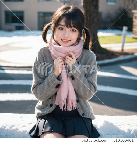 A woman with twin tails wearing a muffler 110109401