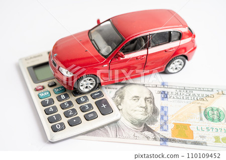 Bangkok, Thailand, September 1, 2023 Car with banknote money, buying or accident insurance concept. 110109452