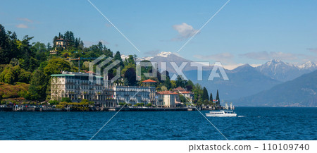 Mountain landscape, picturesque mountain lake in the summer morning, large panorama. Como, Italy 110109740