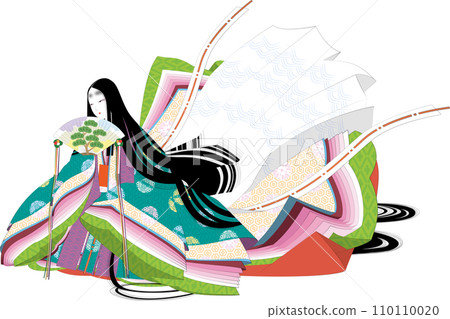 Image illustration of a woman wearing a Heian emaki-style junihitoe robe Image illustration of a woman wearing a Heian emaki-style junihitoe robe 110110020