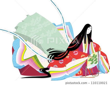 身穿平安繪捲式十二件長袍的女性形象插圖 110110021