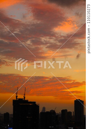 Osaka City, Chuo Ward, Tanimachisuji at dusk, Osaka's twilight view from a tower apartment, orange sunset Osaka City, Chuo Ward, Tanimachisuji at dusk, Osaka's twilight view from a tower apartment, orange sunset 110110273