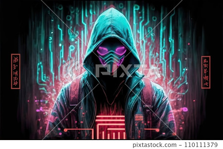 Hacker in hoodie in dark neon digit symbol background  110111379