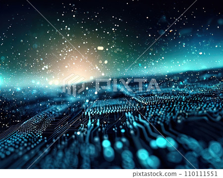 abstract futuristic digital landscape particles on circuit board abstract futuristic digital landscape particles on circuit board 110111551