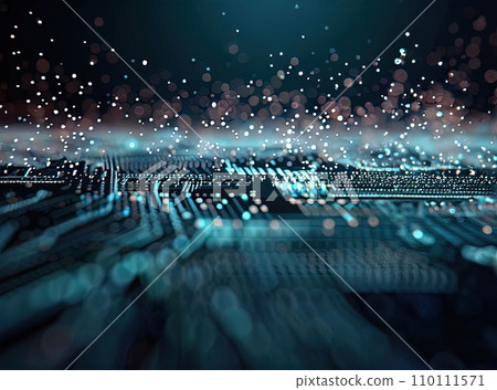 abstract futuristic digital landscape particles on circuit board abstract futuristic digital landscape particles on circuit board 110111571