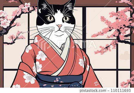 cat with kimono dress in ukiyoe style  110111693