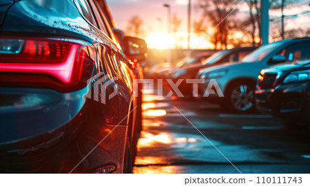 Car parked at outdoor parking lot. Used car for sale and rental service. Car insurance background. Automobile parking area. Car dealership and dealer agent concept. Automotive industry. Generative AI. 110111743