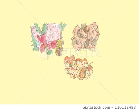 香菜、番茄、雞肉火腿沙拉、馬鈴薯沙拉、蓮藕、柚子椒豬肉 110112488