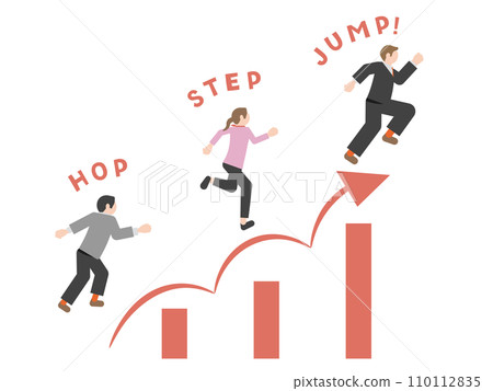 Pictogram-style illustrations of images of step up, level up, skill up, jump up, and growth 110112835