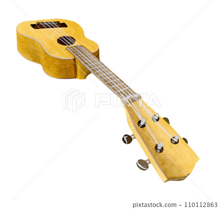 Side angle view of an isolated yellow soprano ukulele, headstock close up Side angle view of an isolated yellow soprano ukulele, headstock close up 110112863