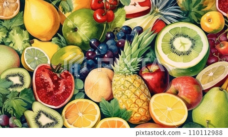 Top view of Different fresh organic vegetables and fruits. Food background. Watercolor style. Top view of Different fresh organic vegetables and fruits. Food background. Watercolor style. 110112988