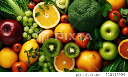 Top view of Different fresh organic vegetables and fruits. Food background. Top view of Different fresh organic vegetables and fruits. Food background. 110112994