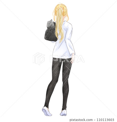 在城市散步的年輕女子，後視，馬尾辮 110113603