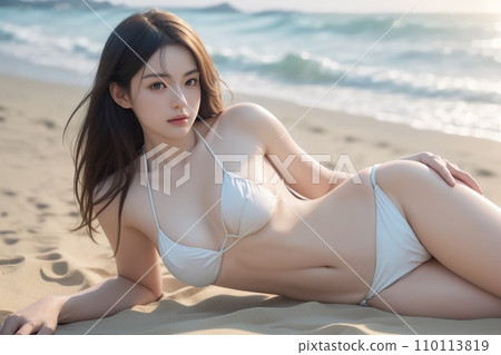 海灘上穿著白色比基尼的女人 海灘上穿著白色比基尼的女人 110113819