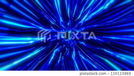 Beautiful abstract blue tunnel made of futuristic digital stripes and lines glowing with bright magic energy on a black space background. Abstract background 110113869