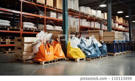 AI-generated content. Chemical fertilizer Urea Stockpile jumbo-bag in warehouse waiting for shipment. 110113899