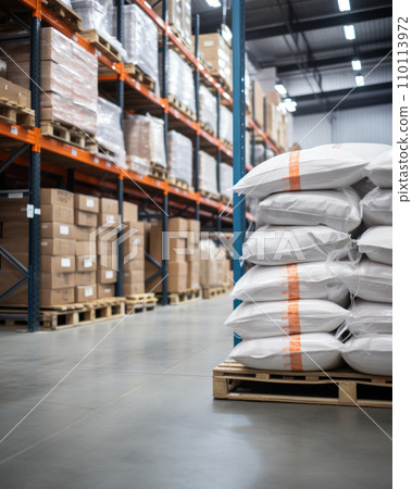 AI-generated content. Flour bags in warehouses are stacked on pallets, factories for processing and as mix ingredient AI-generated content. Flour bags in warehouses are stacked on pallets, factories for processing and as mix ingredient 110113972