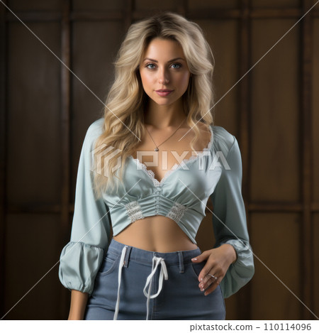 AI-generated content. Beautiful woman standing in a country style interior and posing for vintage fashion photo shoot wearing green skirt and blouse with floral pattern AI-generated content. Beautiful woman standing in a country style interior and posing for vintage fashion photo shoot wearing green skirt and blouse with floral pattern 110114096