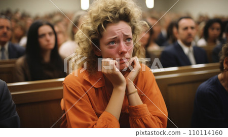 AI-generated content. Female prisoner wearing orange jumpsuit crying in the courtroom after hearing the jurys verdict 110114160